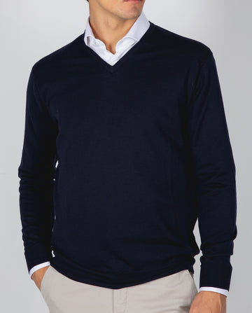 Dark Blue V Neck Sweater 100% Merino Wool